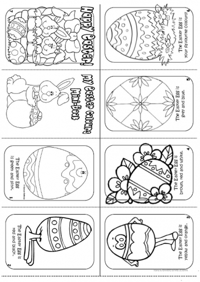 A kindergarten student's colorful Easter mini-book worksheet with fold-out pages showing spring themes and holiday activities