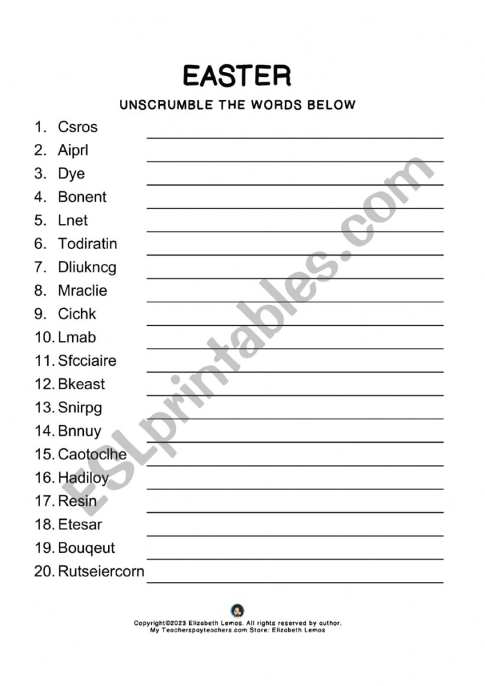 Kindergarten Easter Words Unscramble Learning Worksheet 18 Colorful Easter-themed word scramble activity with scrambled letters and Easter pictures for kindergarten students to unscramble