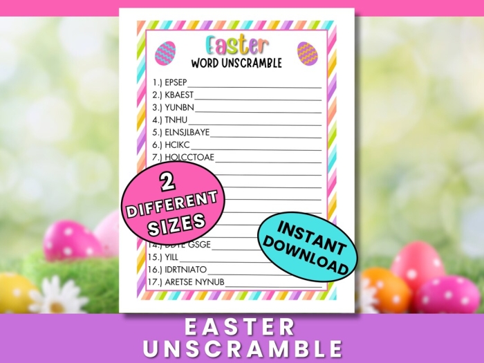 Kindergarten Easter word unscramble worksheet with bright illustrations and letter puzzles Colorful Easter-themed word scramble activity showing scrambled letters that kindergarten students unscramble to spell holiday words