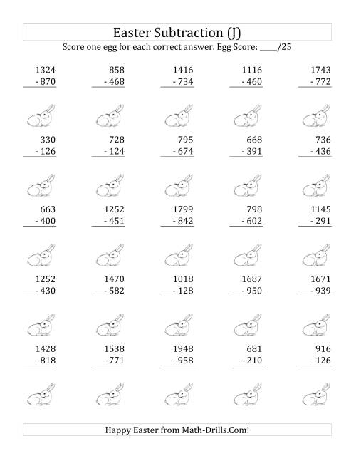 Easter Subtraction Drill Sheet 16 for Beginning Mathematicians Colorful Easter-themed subtraction practice worksheet with bunny and egg illustrations for kindergarten math drills