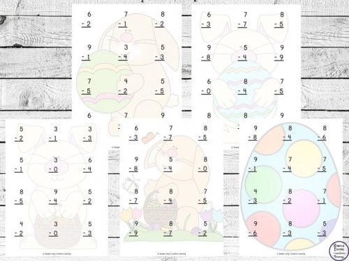 Easter Subtraction Drill Sheet 10 for Early Math Skills Colorful Easter-themed subtraction practice worksheet with bunny and egg graphics for kindergarten learners