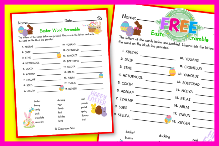 Easter word unscramble learning worksheet for young readers with holiday images and letter puzzles Colorful Easter-themed word scramble activity for kindergarten students with scrambled letters and Easter pictures