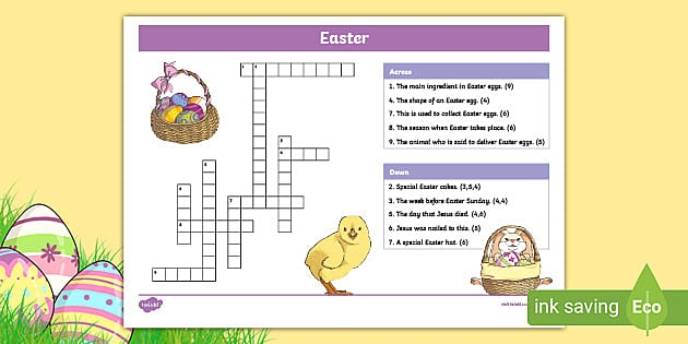 Colorful Easter crossword puzzle worksheet for kindergarten children