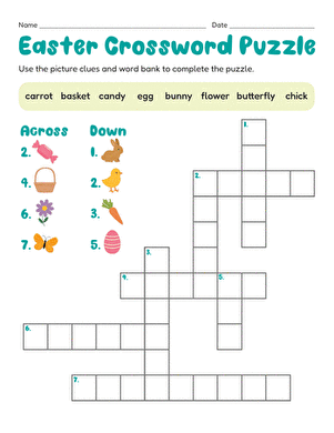 Kindergarten student completing a colorful Easter crossword puzzle worksheet