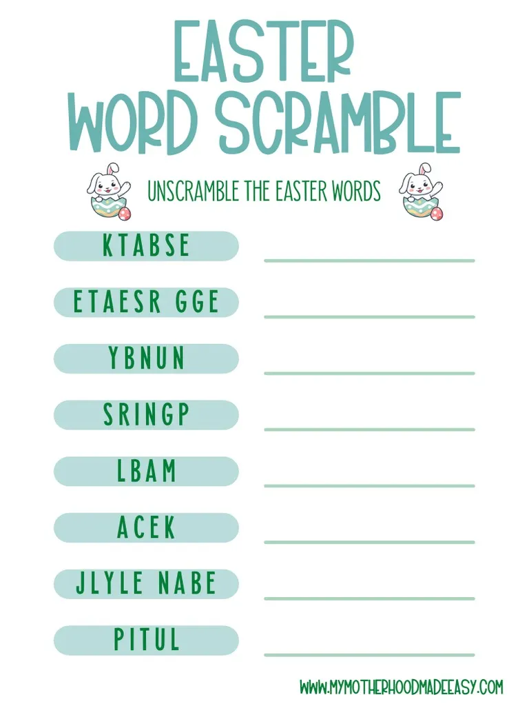 Unscramble Easter Words Worksheet Activity 13 for Beginning Readers Colorful Easter-themed word scramble activity showing scrambled letters and Easter pictures for kindergarten students to unscramble