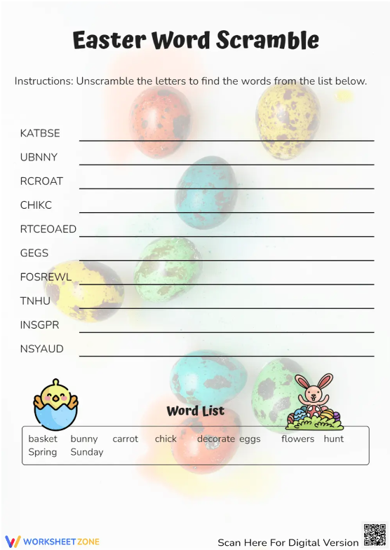 Unscramble Easter Words Worksheet for Kindergarten Reading Practice 17 Kindergarten student completing an Unscramble Easter Words worksheet with colorful illustrations