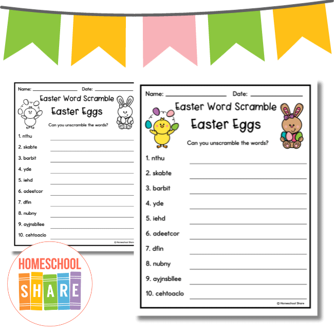 Unscramble Easter Words Worksheet 11 for Early Readers Colorful Easter-themed word scramble activity for kindergarten students with scrambled letters and Easter pictures