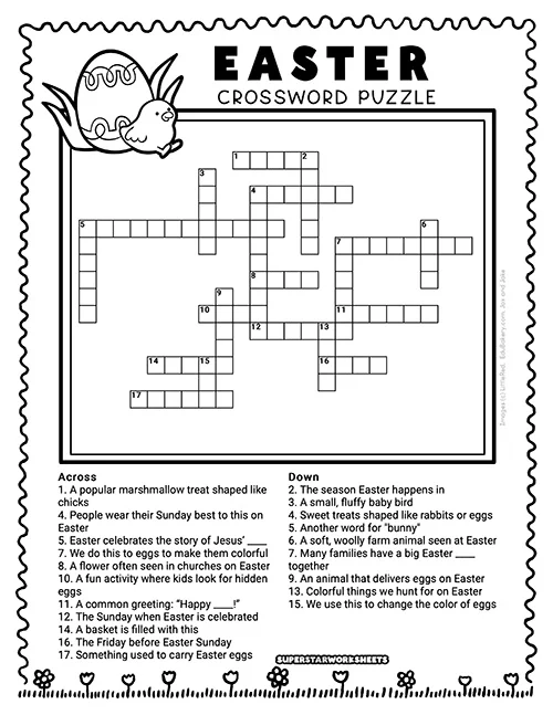 Colorful Easter crossword puzzle worksheet designed for kindergarten kids