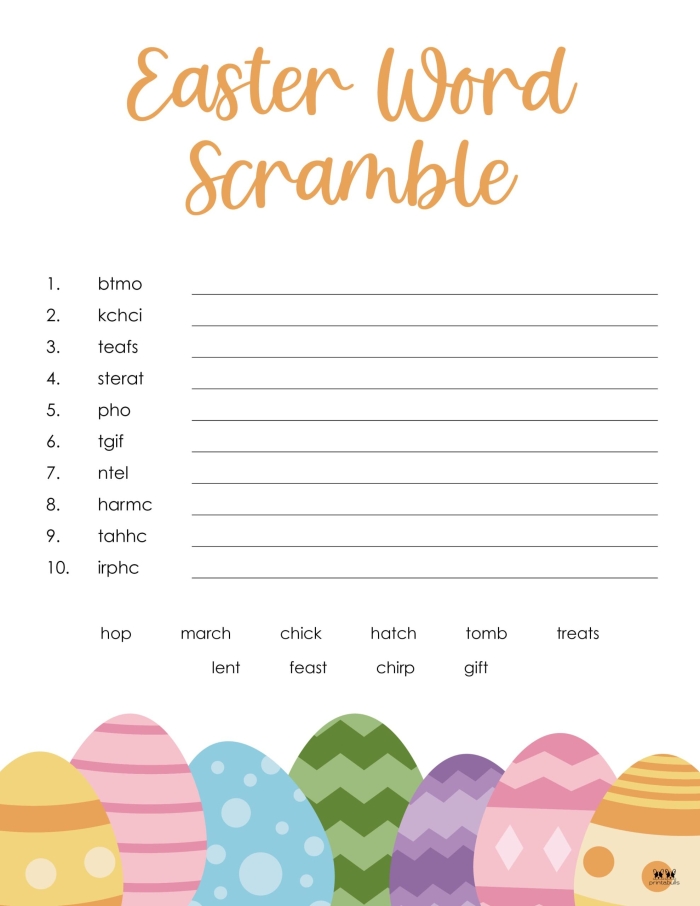 Easter word puzzle worksheet showing bunny, egg, and basket images with mixed up letters for young learners to solve Colorful Easter-themed word scramble activity with scrambled letters and Easter pictures for kindergarten students to unscramble