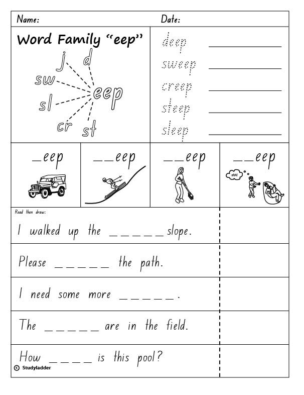 All in the Word Family Eep Words worksheet exercise 15 for early literacy skills Cut and paste activity showing "-eep" word family words like keep, deep, and sheep for kindergarten reading practice