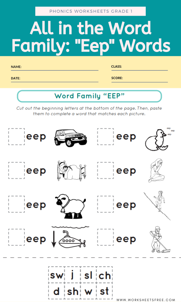All in the Word Family Eep Words Worksheet 13 Kindergarten students cut and paste letters to build words ending in eep for a word family worksheet