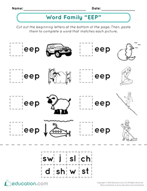All in the Word Family Eep Words Worksheet 25 Kindergarten student completing a cut-and-paste worksheet for the eep word family
