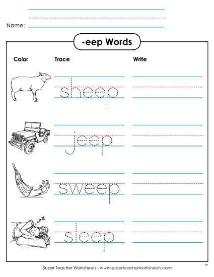 Eep Word Family Phonics Activity Sheet 7 Kindergarten cut and paste worksheet featuring reading practice for the eep word family