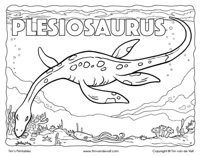 Coloring worksheet featuring the Elasmosaurus in an underwater scene for kindergarten students