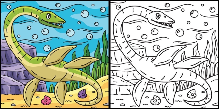 Coloring worksheet featuring the Elasmosaurus in an underwater scene for kindergarten students