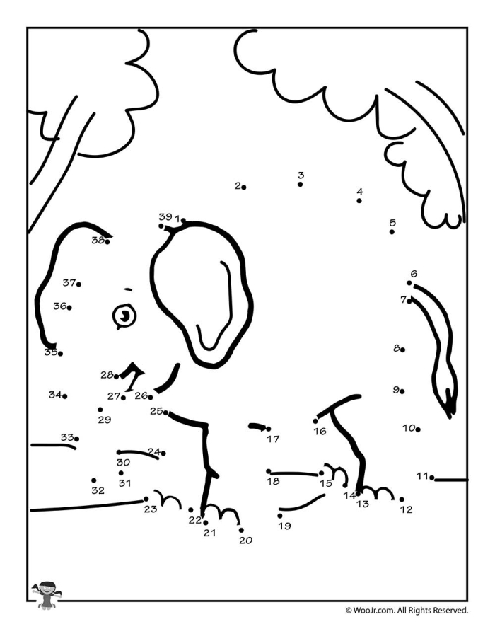 Elephant dot to dot worksheet for kindergarten kids to connect and color