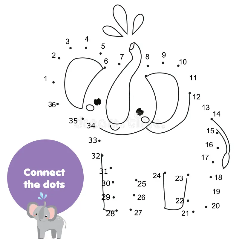 Elephant dot to dot worksheet for kindergarten students to connect numbers and color