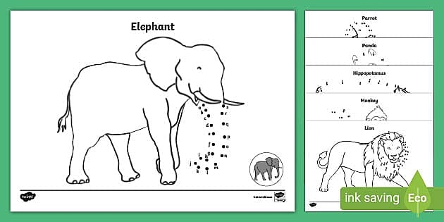 Elephant dot to dot worksheet for kindergarten students to connect numbers and color an elephant
