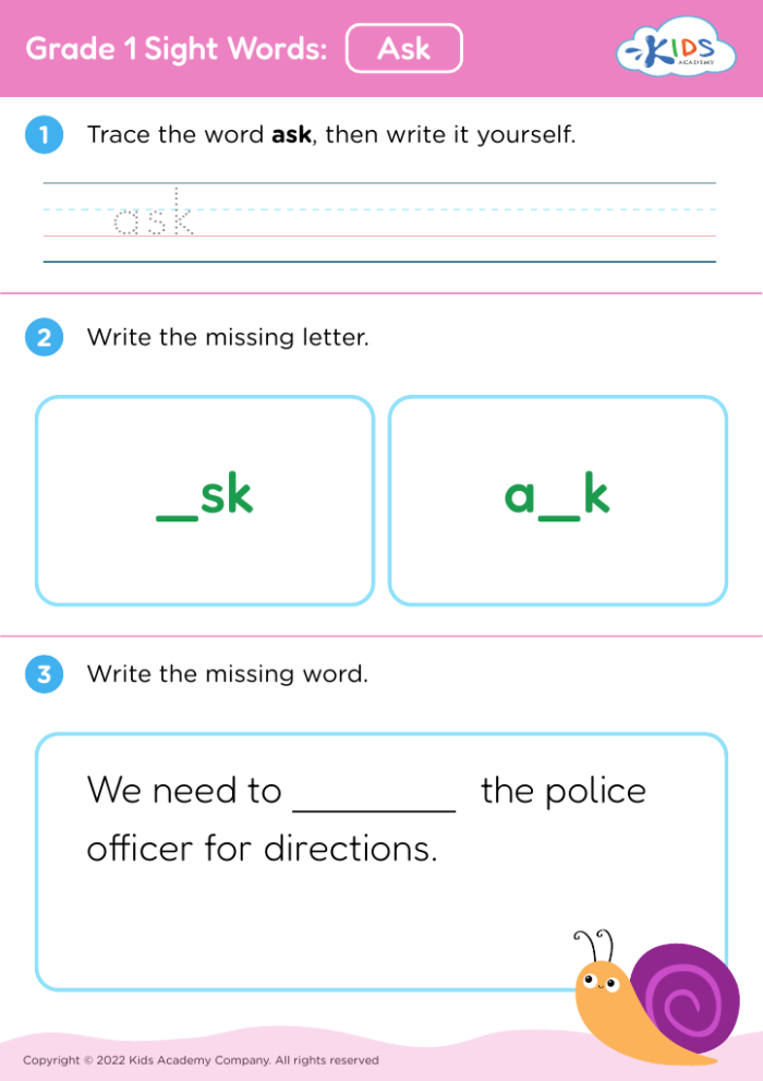 Kindergarten vocabulary cards featuring sight words that begin with the letter A for EL support