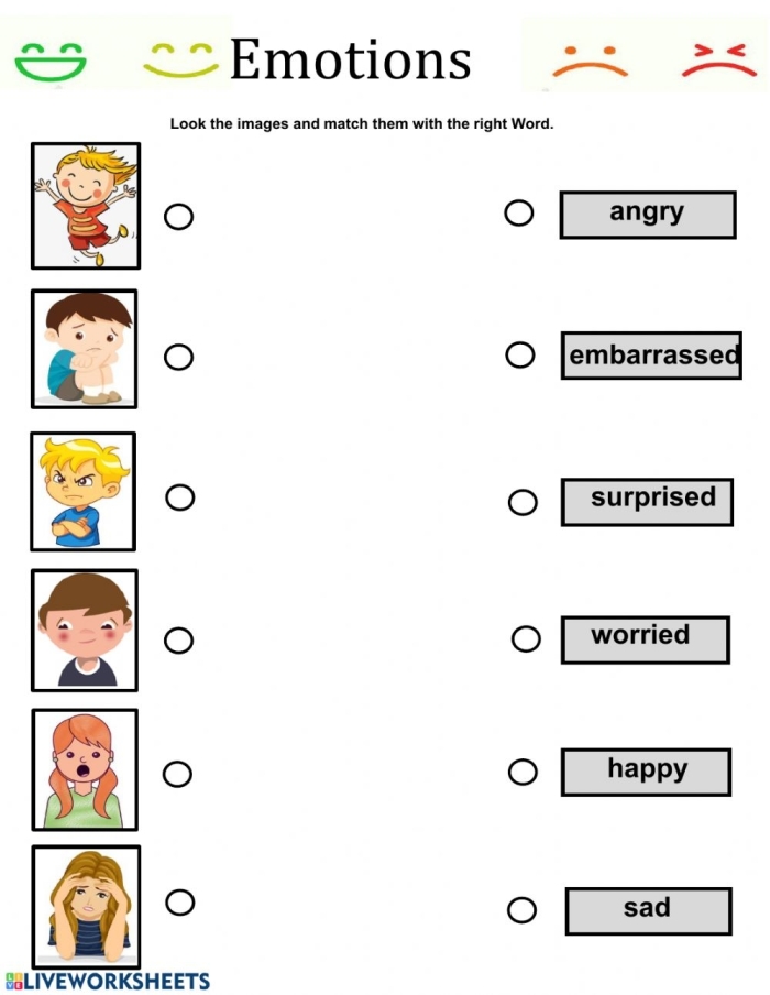 Worksheet showcasing a range of emotions for kindergarten students to explore feelings.