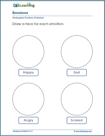 Range of Emotions worksheet for kindergarten, illustrating various feelings and emotional states. Visual resource to aid in social emotional learning discussions for young children.