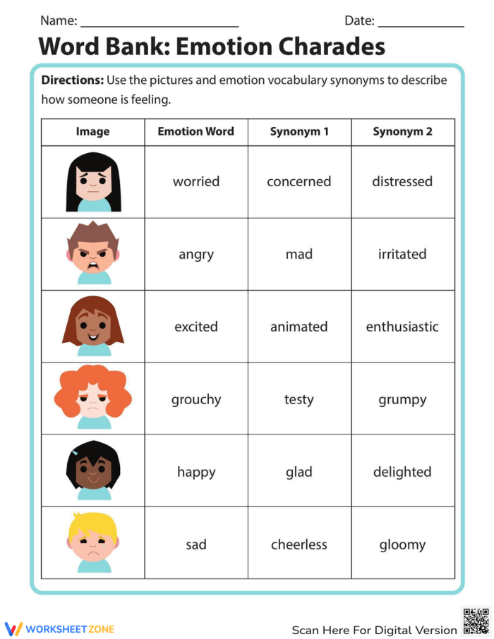 Charades with Emotions worksheet for kindergarten students to enhance their understanding of feelings