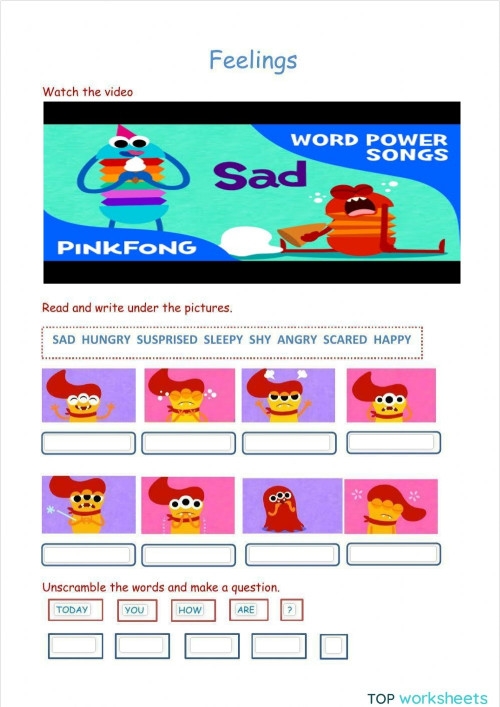 Kindergarten worksheet for understanding feelings by drawing emotions on faces