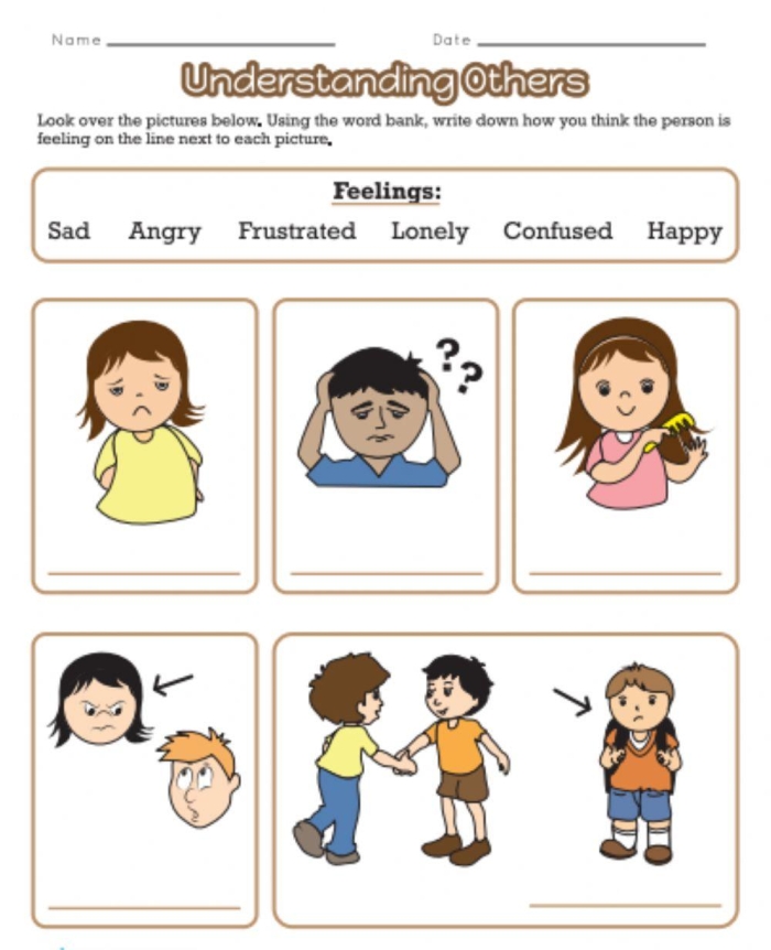 Worksheet featuring a range of emotions to support social emotional learning in kindergarten