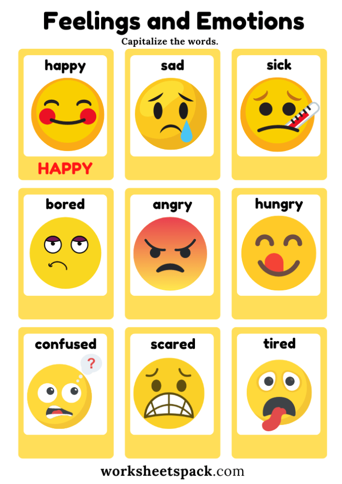 Worksheet displaying a variety of emotions to aid social emotional learning for kindergarten students