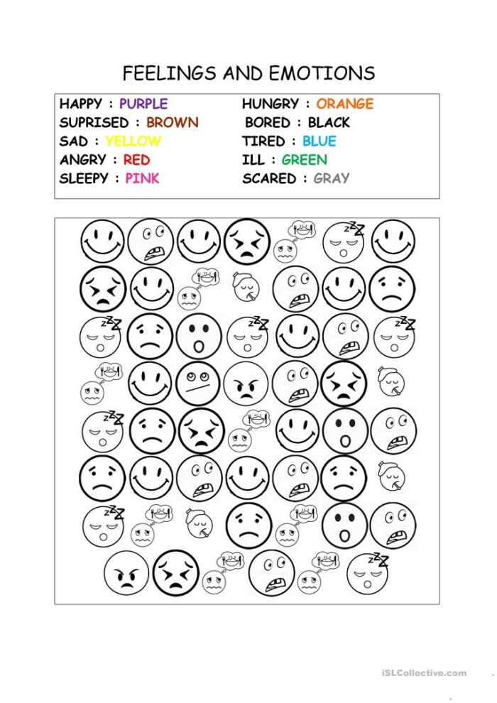 Kindergarten student drawing happy and sad faces to practice identifying emotions on an understanding feelings worksheet