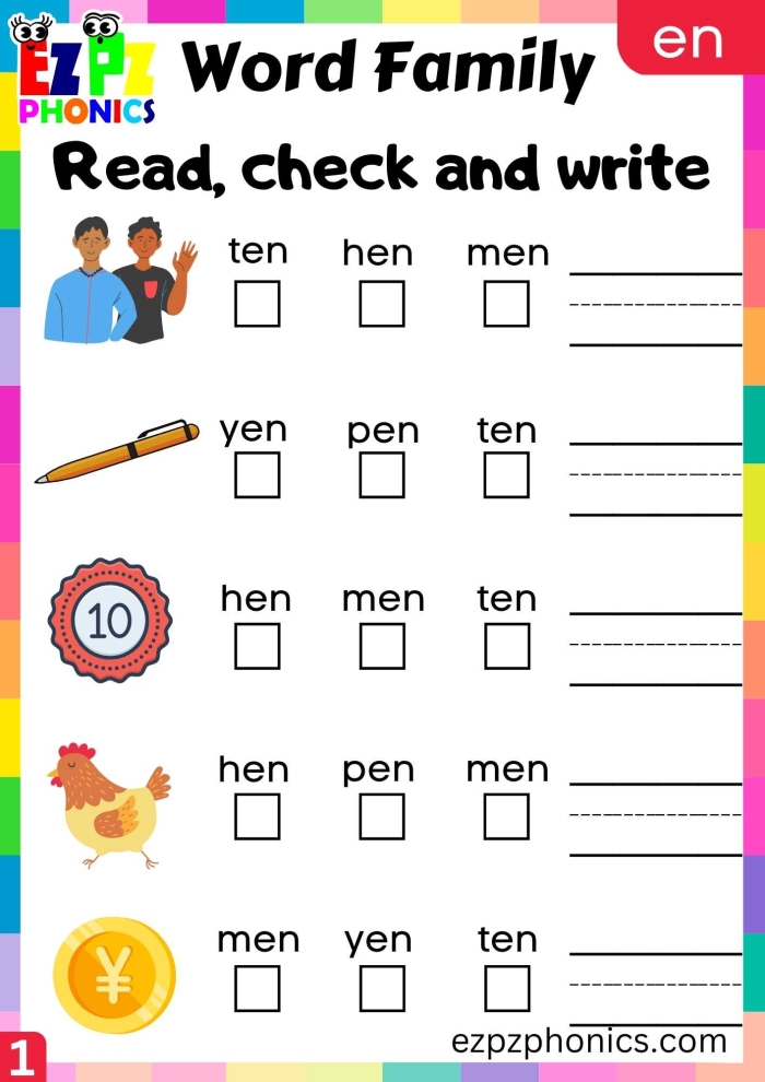 Worksheet featuring "en" family words for kindergarten students