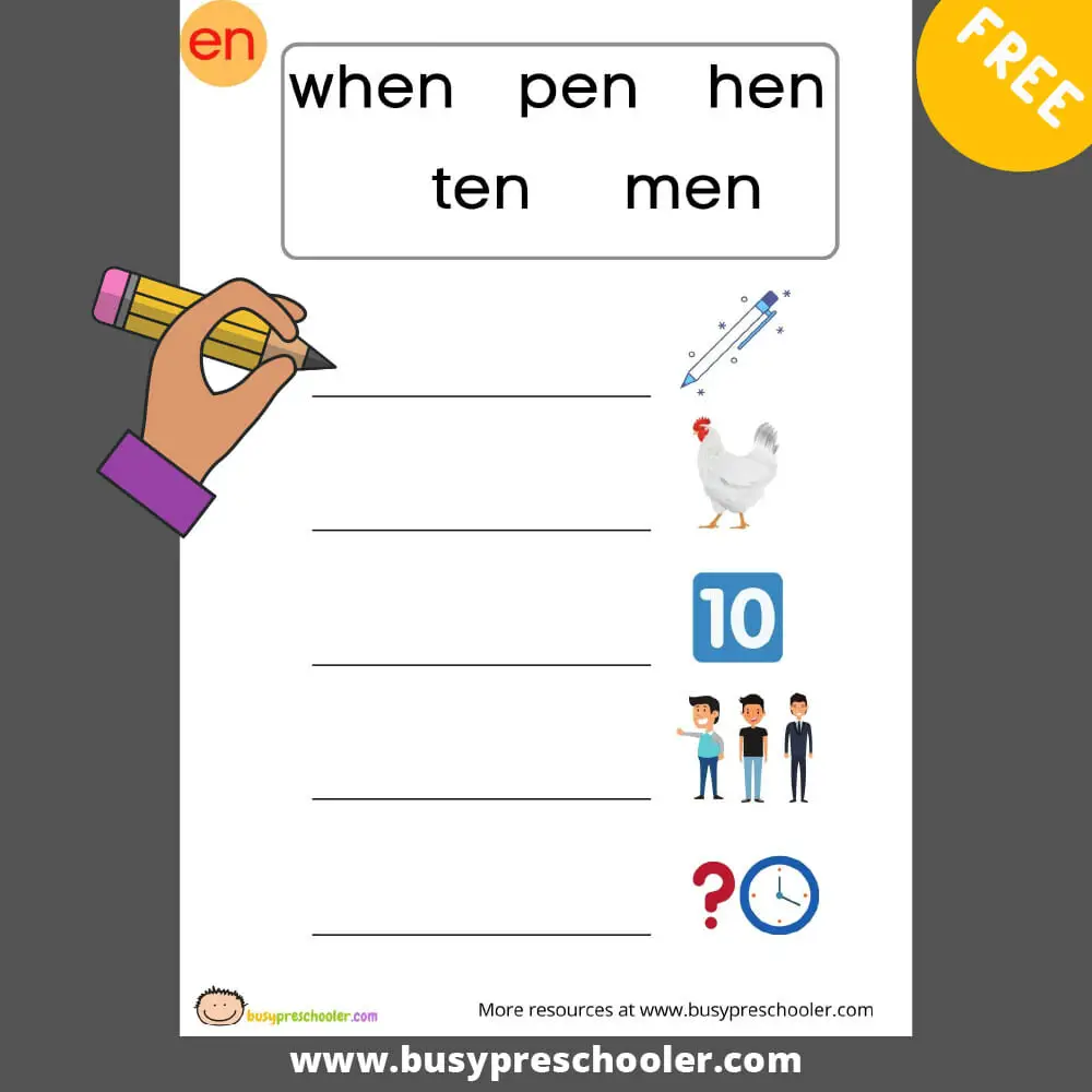 Kindergarten worksheet for practicing En word families with writing and reading exercises