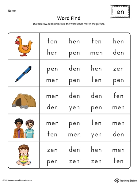 Worksheet for kindergarteners to practice "en" family words through writing and speaking