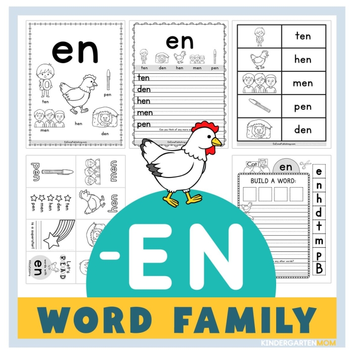 Kindergarten worksheet featuring writing practice and reading exercises for the en word family