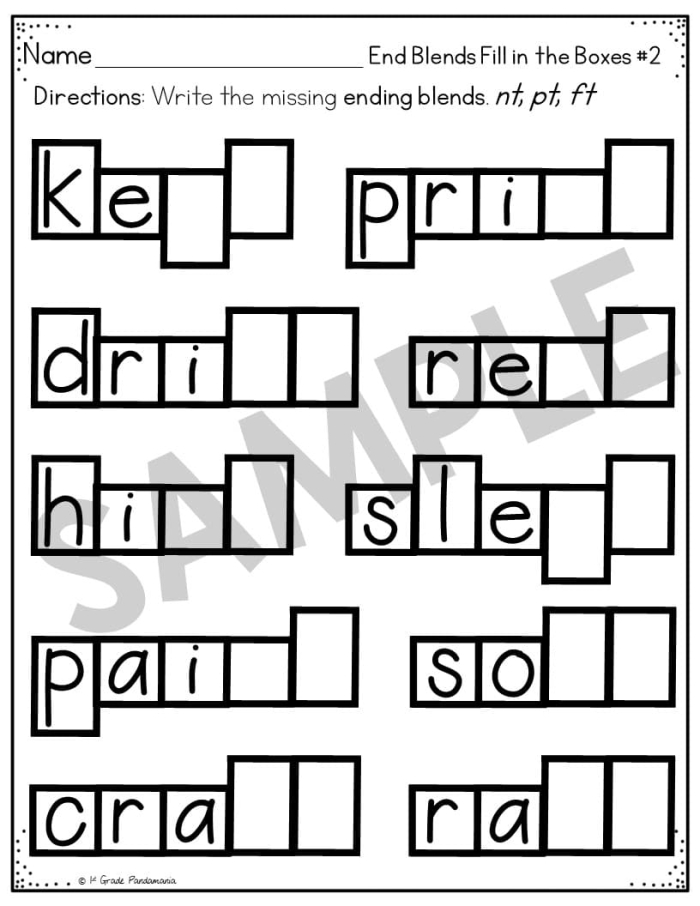 Kindergarten worksheet for practicing end blends with word identification exercises