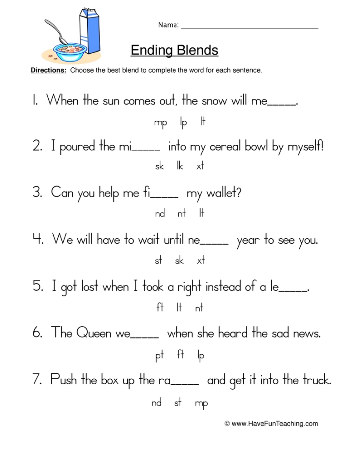 Kindergarten worksheet for practicing end blends with word identification exercises
