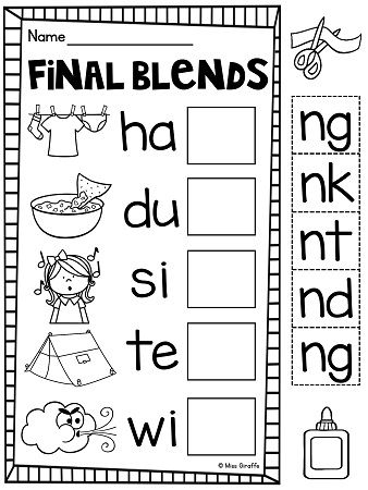 Kindergarten worksheet featuring phonics exercises for students to identify and write various ending letter blends