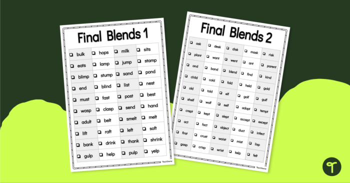 End blends worksheet for kindergarten students focusing on identifying final blends in words. Practice sheet image for sounding out and recognizing ending blends.