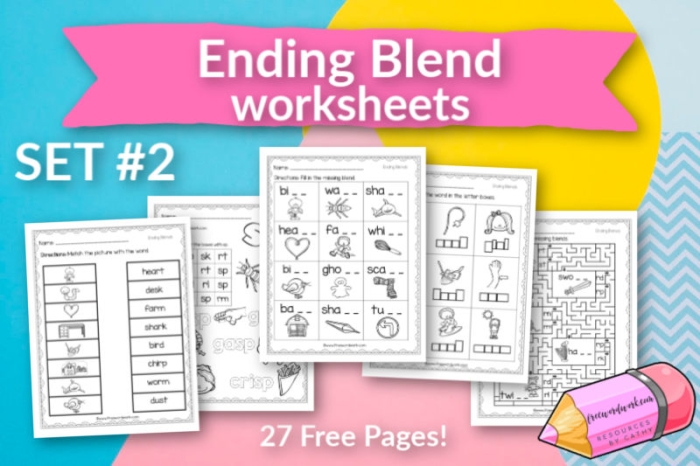 Kindergarten worksheet featuring various images for students to practice identifying and writing end blends