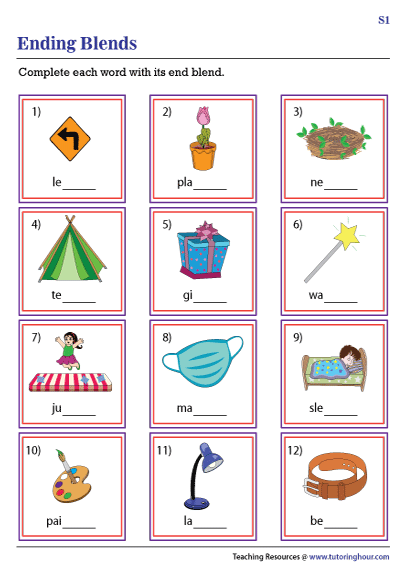 Kindergarten worksheet with images for students to practice identifying final consonant blends