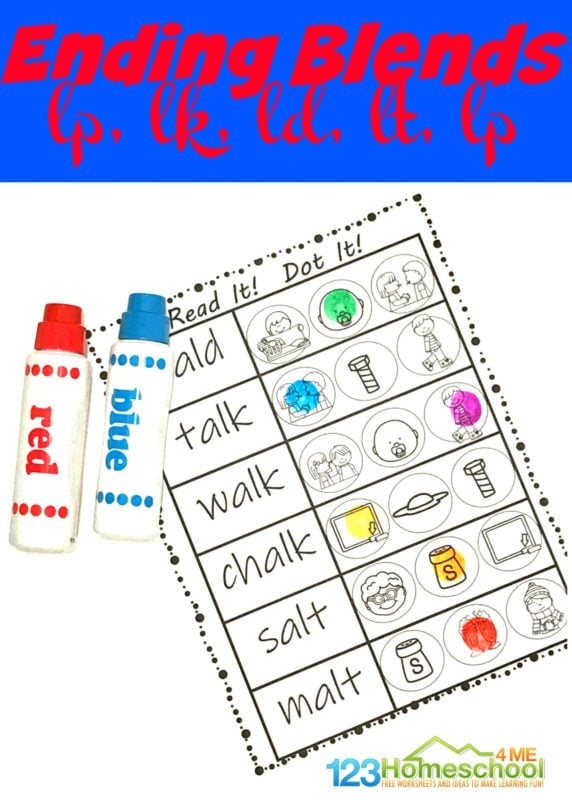 Kindergarten worksheet featuring various illustrations to help students practice identifying ending blends by sounding out words.
