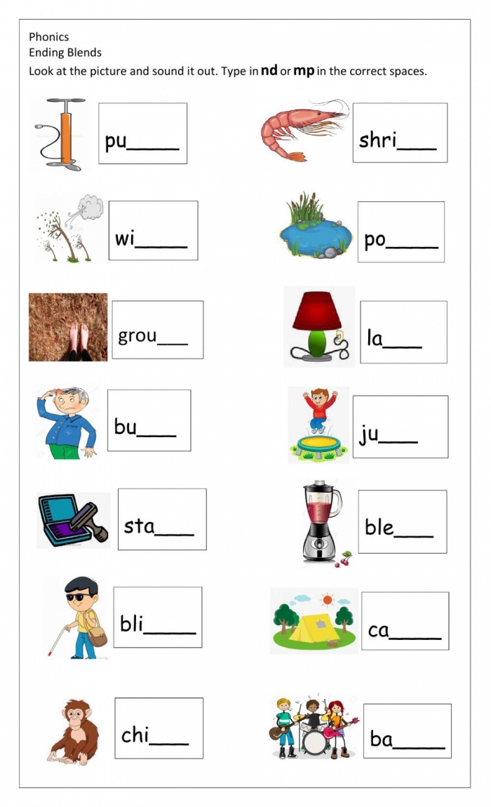 Kindergarten worksheet for practicing end blends with words like hand and lamp