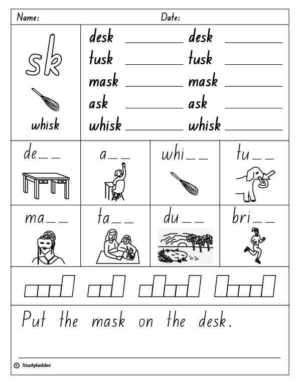 Kindergarten worksheet for practicing end blends with word identification exercises