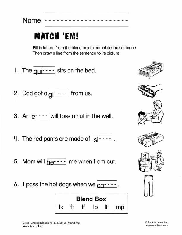 Kindergarten worksheet for practicing end blends with word identification exercises