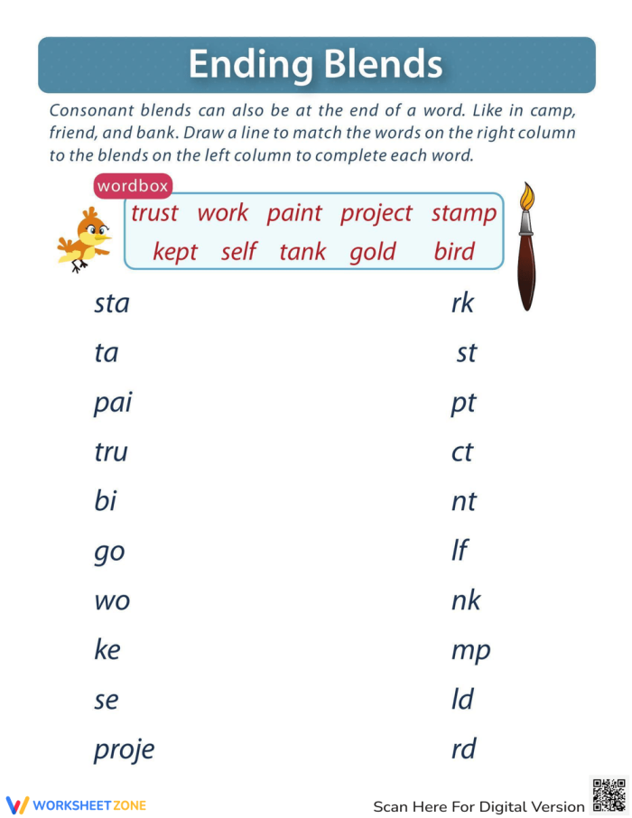 Kindergarten worksheet for practicing end blends with word identification exercises