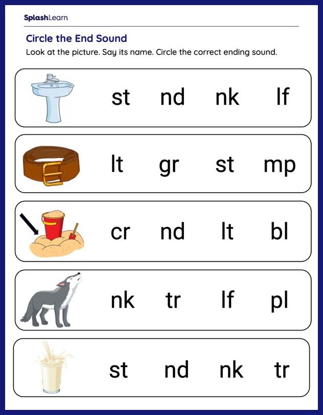 Kindergarten worksheet featuring various illustrations to help students practice identifying ending consonant blends