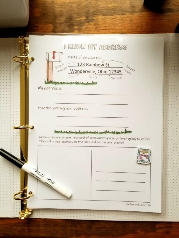 Kindergarten worksheet featuring an envelope template for practicing how to write a home address