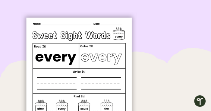 Kindergarten worksheet featuring tracing and writing activities for the sight word every