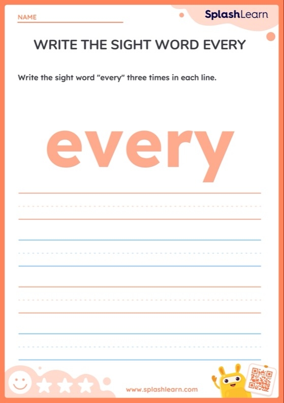 Worksheet to practice the sight word "every" for kindergarten students