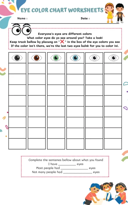Kindergarten student filling out an eye color chart worksheet during a classroom graphing experiment